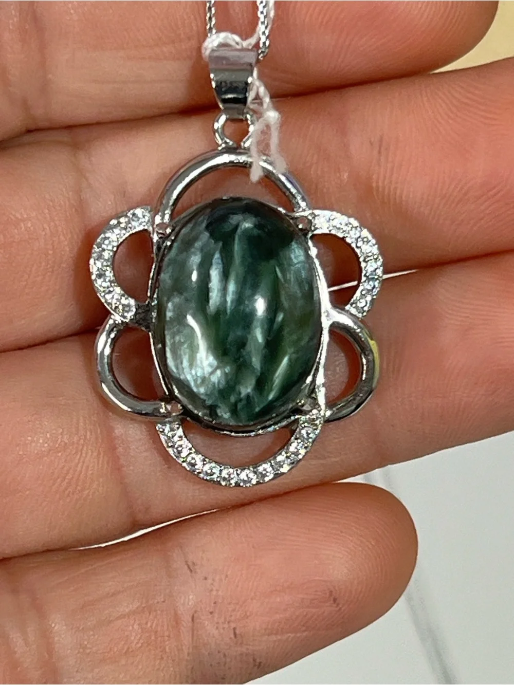 Green SeraphiniteStone Floral Pendant Necklace –  Sterling-Style Women's Jewelry